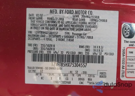 2007 Ford Mustang Gt Deluxe/Gt Premium from USA, damaged, VIN 1ZVFT85HX75304557